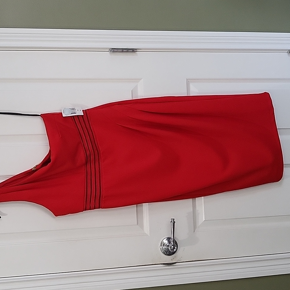 Red dress off the shoulder.